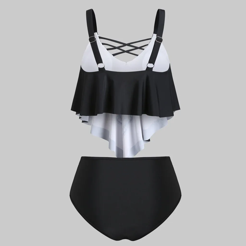 Women's Bohemian Bandage Printed Split Swimsuit Bikini Boh Summer Fashion Pushups Beach Covered Ruffled Crisscross Tankini 04* | Женская