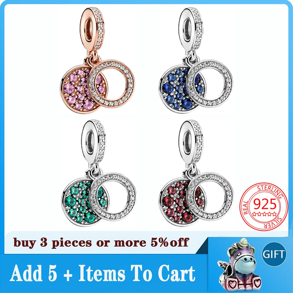 

2021 новый 925 кольцо из стерлингового серебра с голубым розовый диск Двойные серьги Подвески Бусины, подходят к оригиналу Pandora, браслет кулон с...