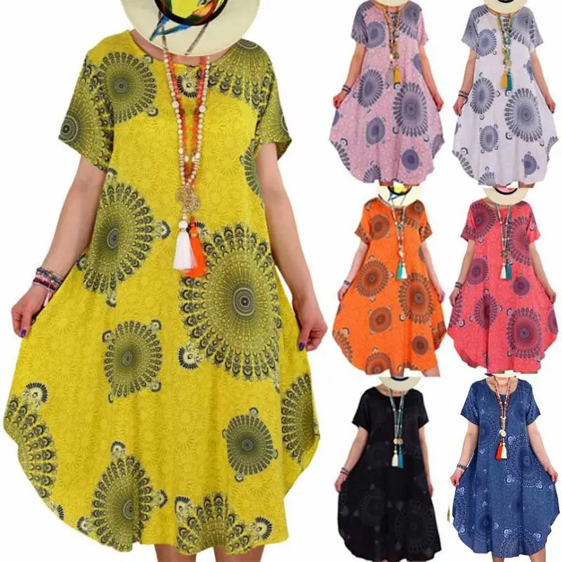 

Women Plus Size Indian Floral Print Short Sleeve Round Neck Irregular Loose Dress