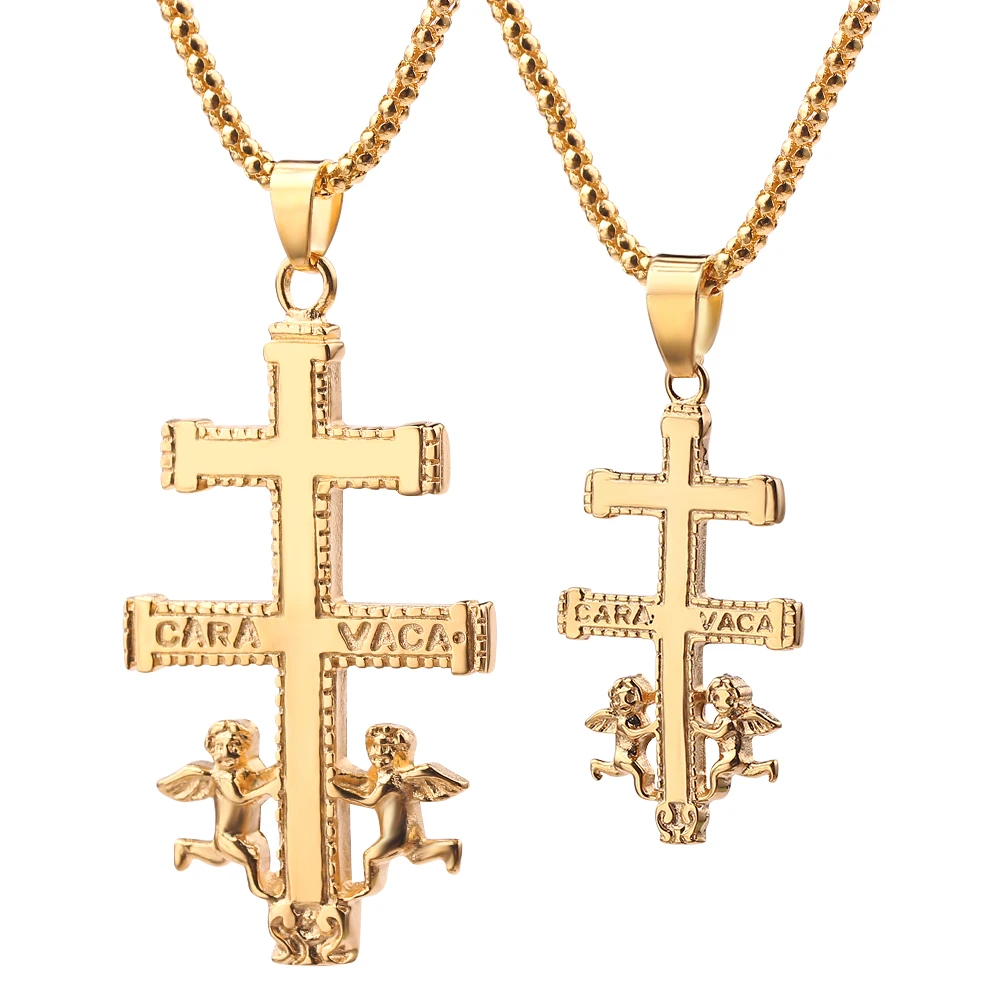 

Gold Catholic Caravaca Crucifix Orthodox Russia Cross Necklace Pendant With Cherub Angel Best Christian Necklaces For Men