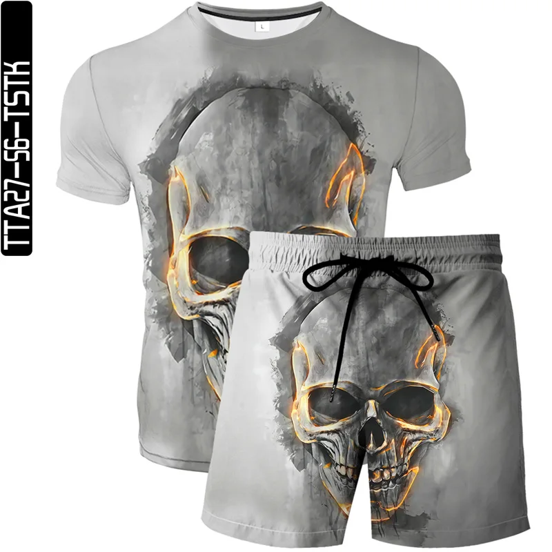 

2021 skull latest 3DT shirt cool hip-hop rock singer T-shirt + magic sports casual men's shorts beach shorts jogging pants S-6XL