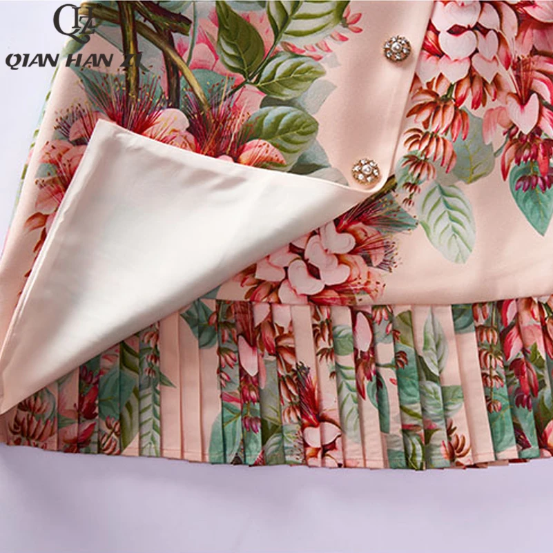 

Qian Han Zi 2021 new designer women skirt vintage Flower print button fashion High-quality elegant pleated mini skirt