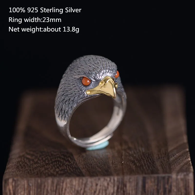 

Buyee Unique Men Ring Vivid Golden Mouth Red Eyes Luxury Eagle Head Pure 925 Sterling Silver Open Ring for Men Rock Punk Jewelry