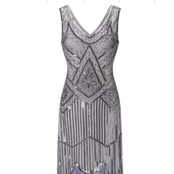 Женское вечернее платье 1920 s Great Gatsby Flapper Vestidos с блестками и бисером, платье с бахромой, вечернее платье с v-образным вырезом, украшенное бахромой, без рукавов - Цвет: gray