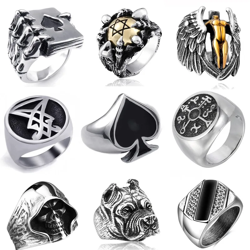 

Fashion Men's Polished 312L Cemented Carbide Poker Rings Vintage Punk Peach Heart Motorcycle Rings For Men Birthday Party Gifts