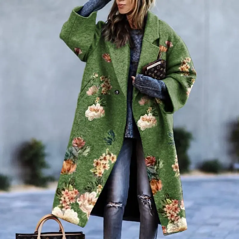 

Colorblock plaid long-sleeved lapel coat printed dragon and phoenix woolen coat