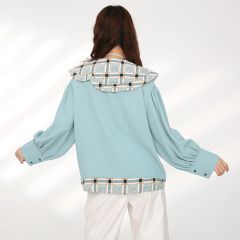 

LANMREM Famale Loose Big Size Shirts Irregular Lapel Print Patchwork Long Sleeve Blouse Women's Vintage Tops Lace Button YJ386