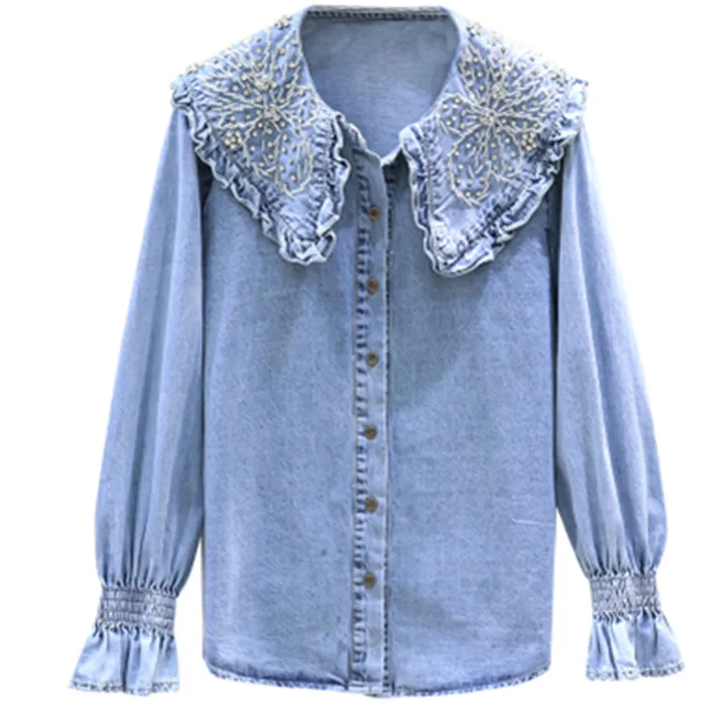 2020 новая весенняя джинсовая Блуза женская одежда рубашка ручной работы с