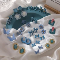 2021 korean fresh haze blue geometric resin stud earrings for women bowknot flower sweet statement ear brincos jewelry gift