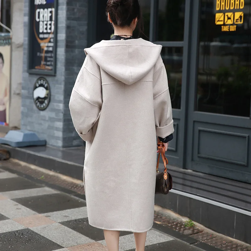 Женское пальто с капюшоном свободное двухстороннее шерстяное большого размера