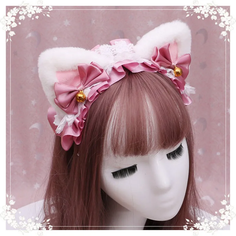 

Beautiful Women Girl Lolita Cosplay Headband Plush Lace Cat Ears Hairband Anime Party Costume Bow Tie Bell Halloween Accessories