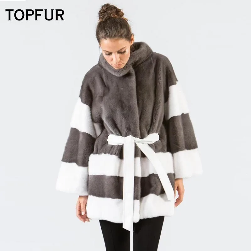 TOPFUR Новое поступление шуба из натурального меха норки женская шуба из меха норки в белую и серую полоску с поясом длинная модная женская мягкая меховая верхняя одежда