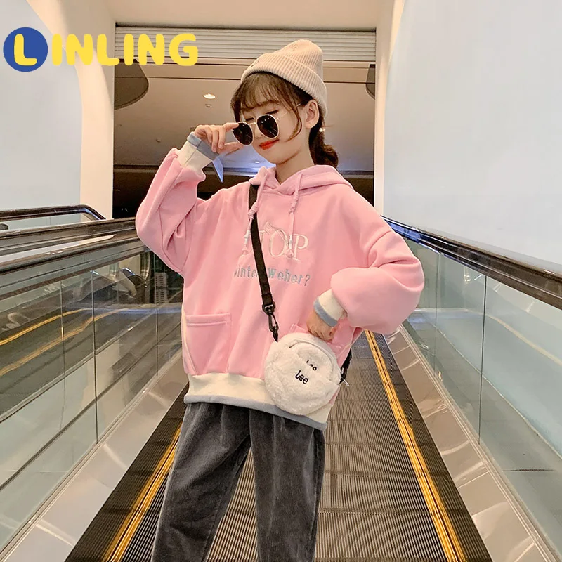 

LINLING Girls Plus Velvet Sweater Autumn and Winter Clothing Trend Ins Style Korean Version of The Net Red Thick Hooded Top V755