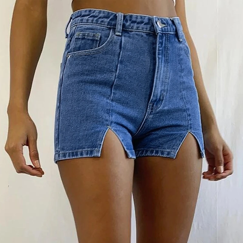 

2021 summer fashion temperament high waist slit elastic denim shorts