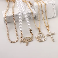 retro angel cross heart pendant beaded necklace for women handmade pearl choker rhinestone letter necklaces boho layered jewelry