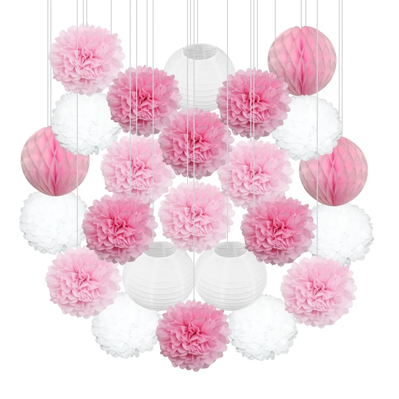 24pcs/set Pink Blue Purple Paper Lantern Tissue Pompoms Flower Honeycomb Ball Baby Shower Kids Birthday Party Wedding Decoration