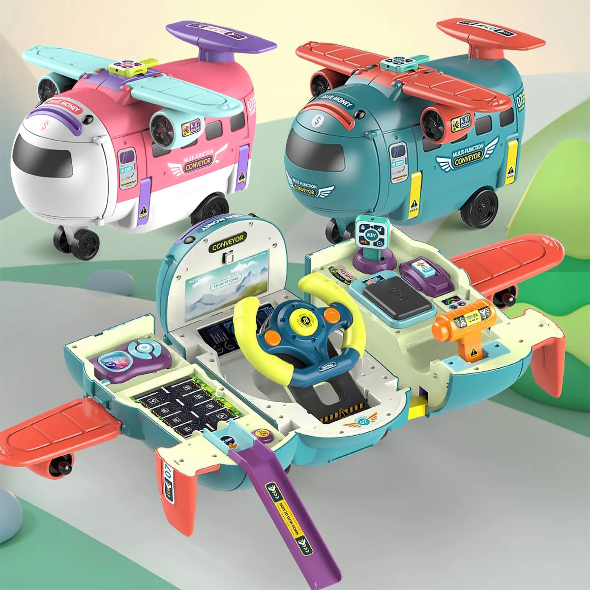 

Kids Morphing Plane Toys Set Deformable Airplane with Steering Wheel and Piggy Bank Cartoon Transforming Playset Flight Toy