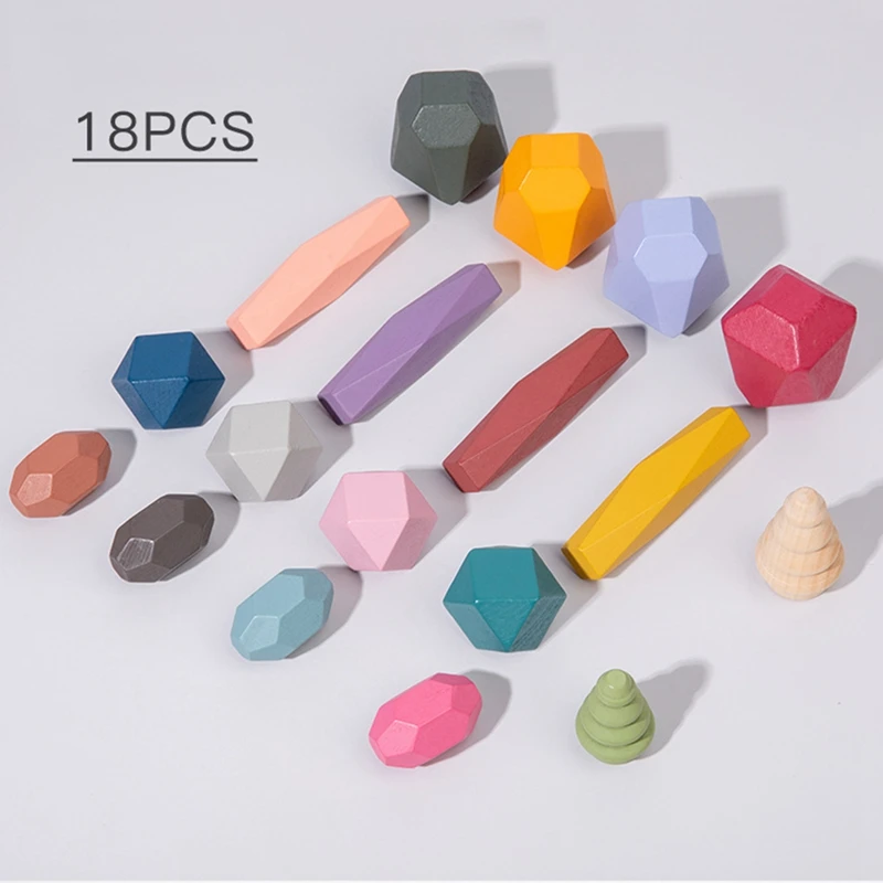 

Baby Toy Wooden Building Block Colored Stone Creative Educational Toy Nordic Style Rainbow Stone Stacking Game