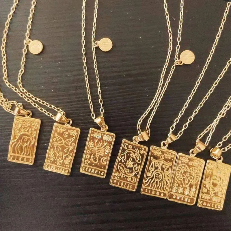 12 Constellations Necklace Square Pendant Fashion 18K Gold Plated Zircon Moon Sun World Creative Jewelr | Украшения и аксессуары