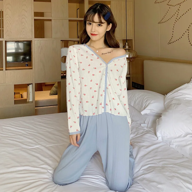 Women's pajamas pure cotton cardigan long-sleeved princess wind small floral home service suit spring and autumn пижама женская