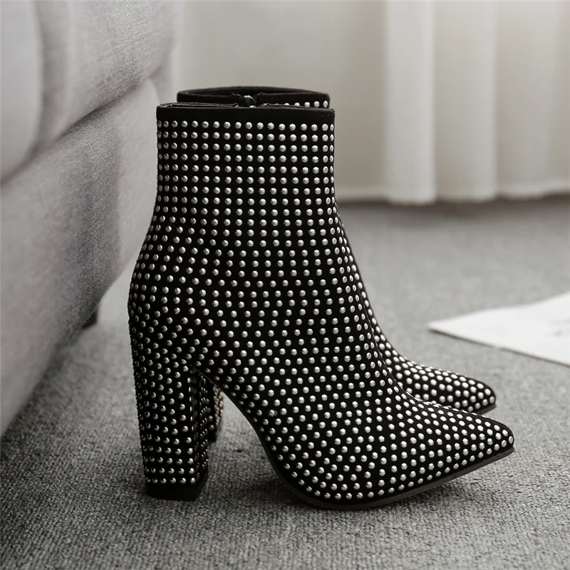 

Plus Size 42 Luxury Design Boots Women 11cm High Heels Fetish Block Rivets Studded Heels Ankle Boots Chunky Stripper 2019 Shoes