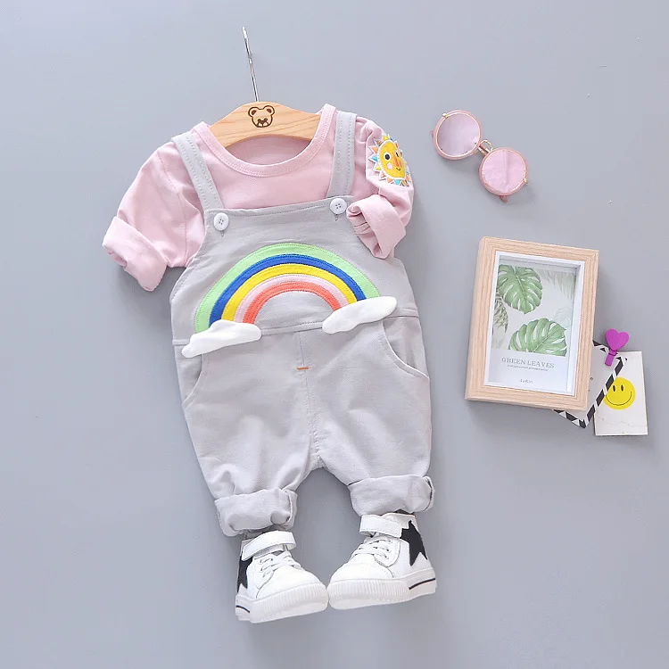 

Baby Girls Spring Autumn Clothes Set Fashion Cotton Tops +bib Rainbow Style Pants 2pcs Kids Girls Party Clothing For 1-4Y