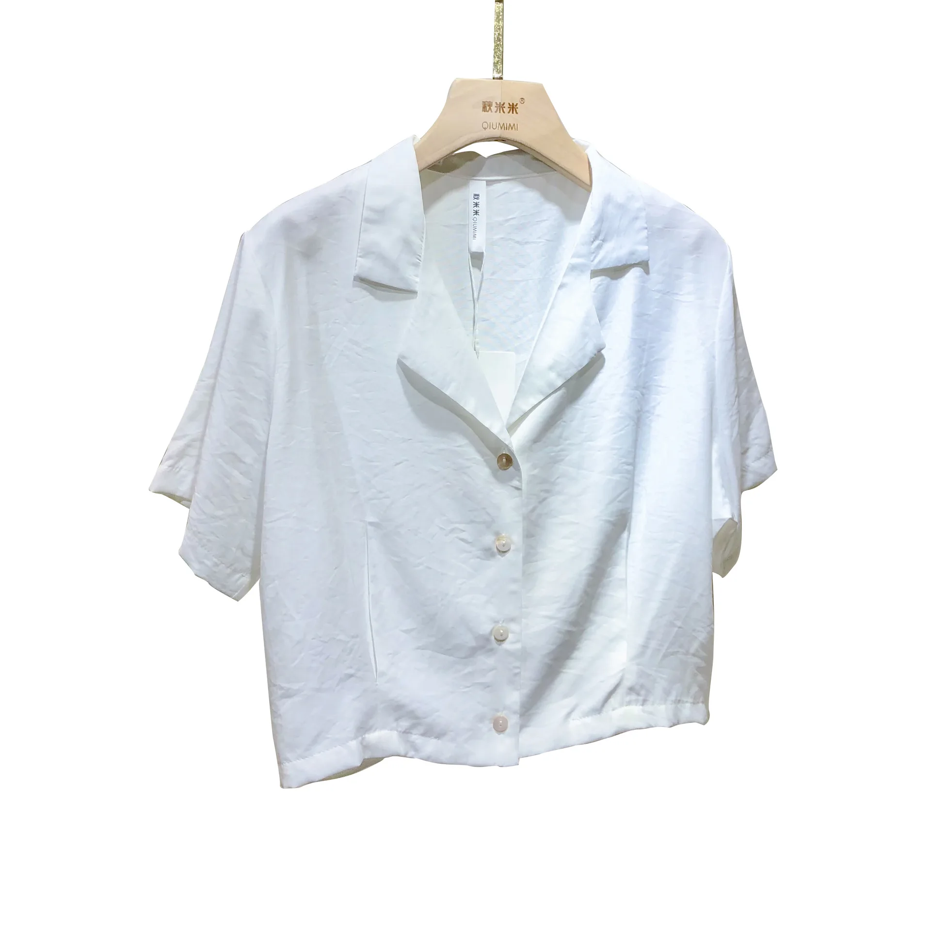 

2021 summer new high waist solid color short-sleeved cute sweet shirt ice silk short top women