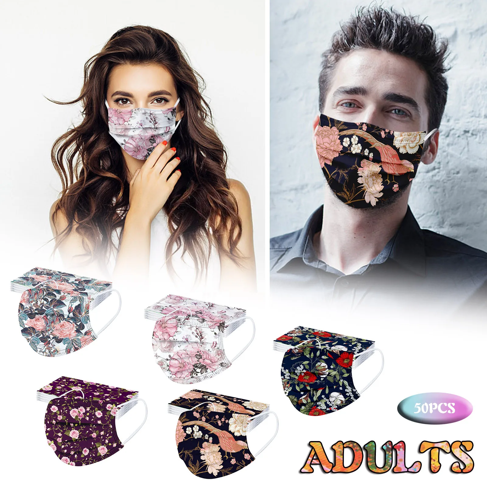 

50pcs Adult Floral Mask Fashion Flower Printing Mouth Masks Disposable Breathable Mask 3 Layer Earring Face Mask Mascarillas