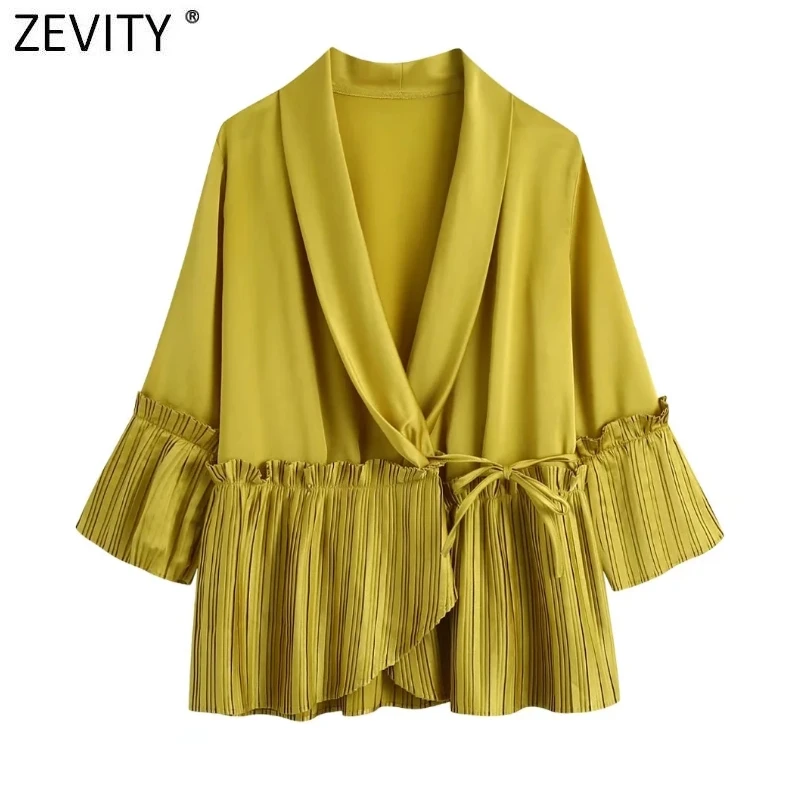 

Новинка от Zevity, женская модная блузка с V-образным вырезом, плиссированная, в стиле пэчворк, Офисная Женская шикарная Повседневная кимоно, бл...
