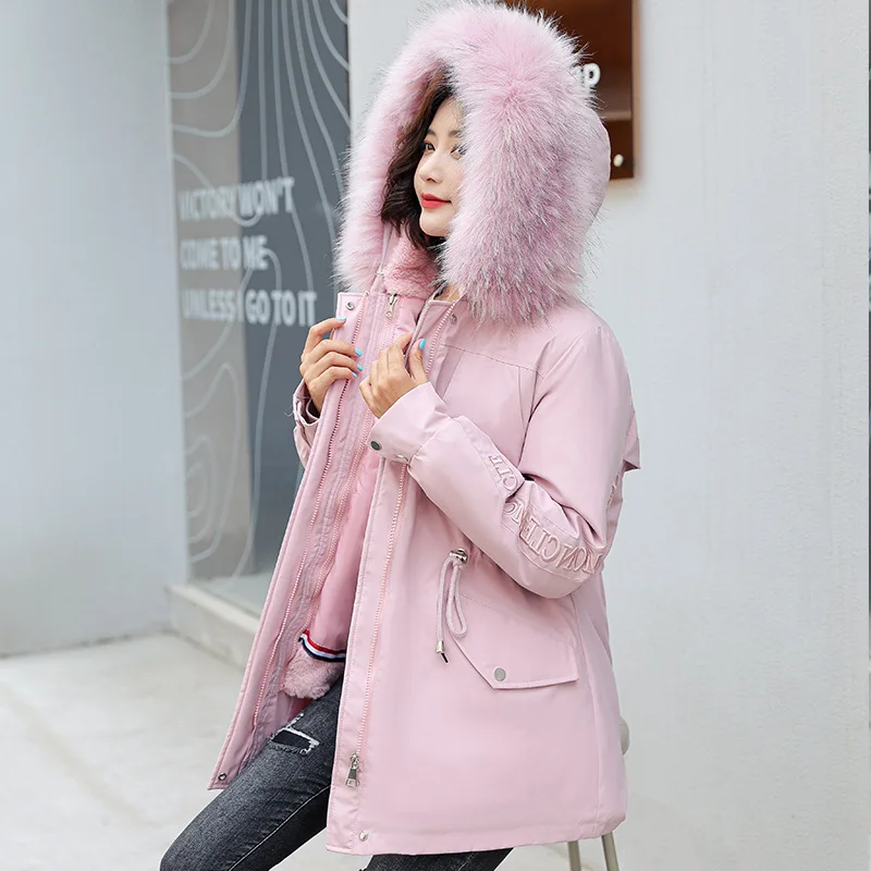 Women's 2021 Winter New Loose Warm Detachable Padded Cotton Coat Large Size 3xl Female Faux Wool Collar Thick Warm Parkas Jacket