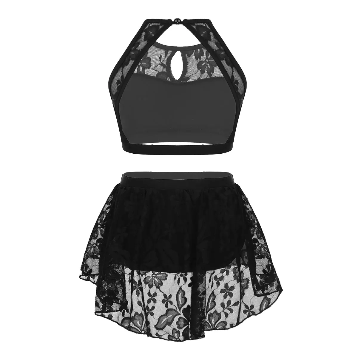 Kids Girls Lyrical Dance Costumes Modern Contemporary Dance Outfit Sleeveless Lace Crop Top With Skirt Set Ballet Dancewear