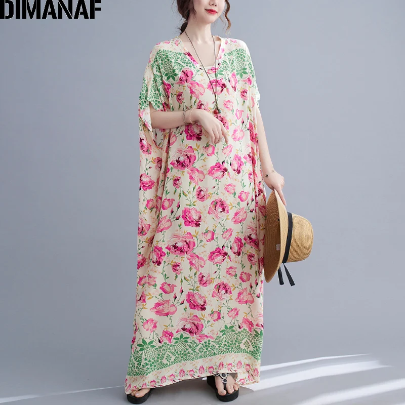 

DIMANAF 2021 Plus Size Summer Dress Women Bohemian Sundress Beach Floral Lady Vestidos Long Dress Oversize Loose Casual 5XL 6XL