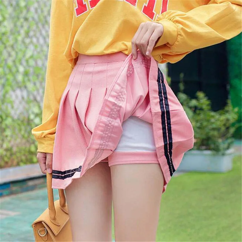 

2020 mini skirt mujer faldas woman skirts womens saias mulher femme jupes plus size High waist Pleated Color bar Lining kawaii