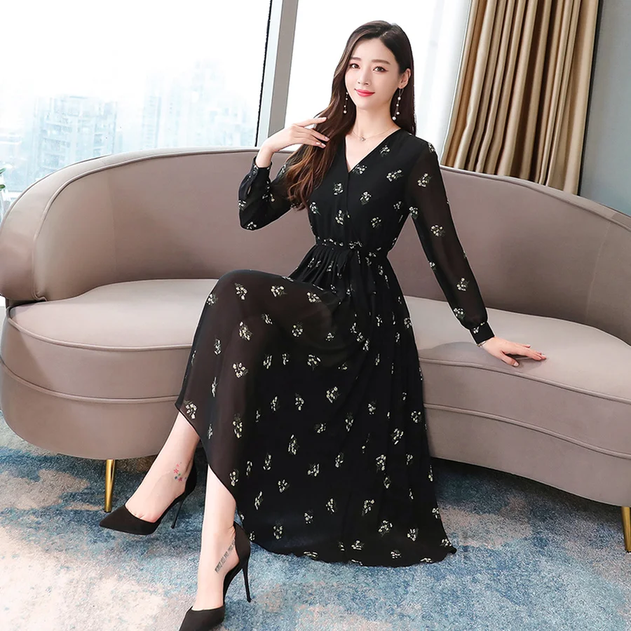 Женское шифоновое платье-миди с длинным рукавом черное винтажное платье