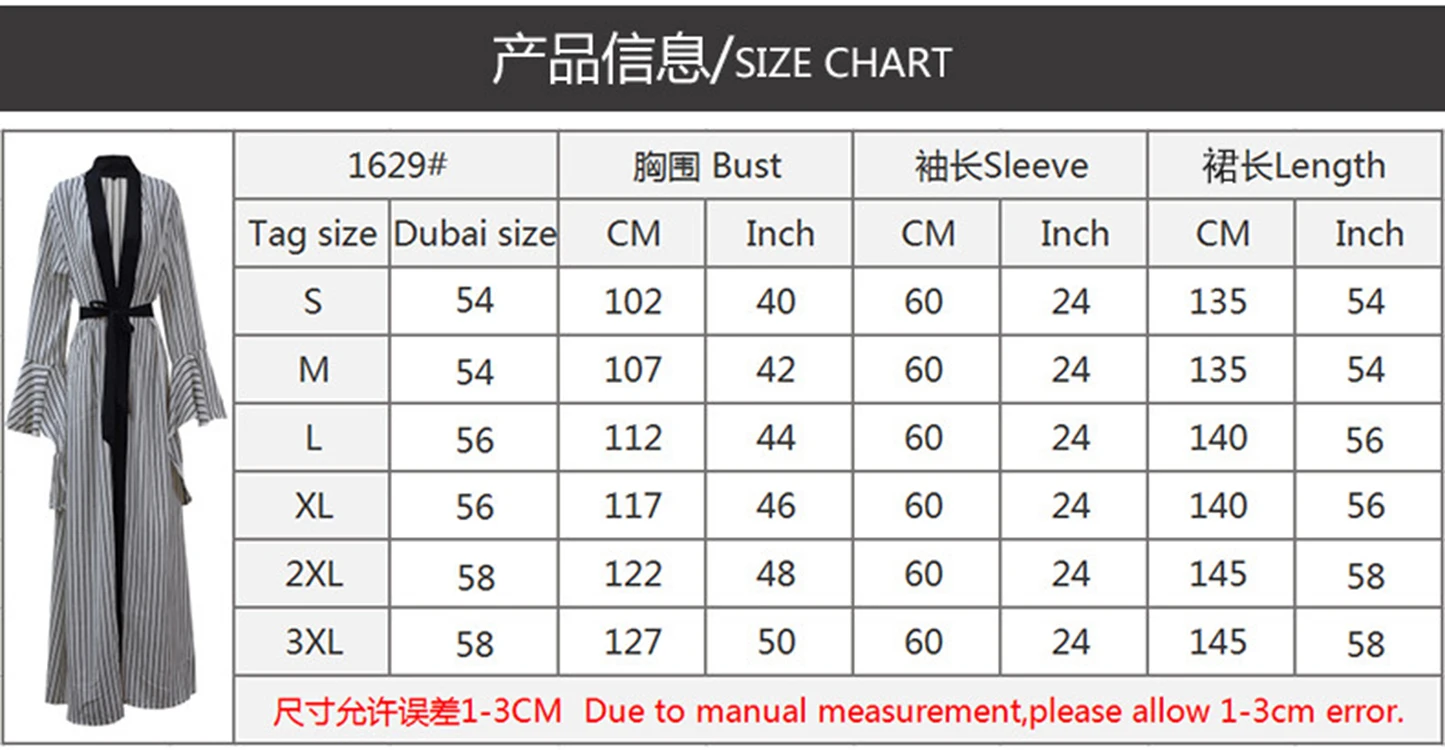 

Donsinet Dress Muslim Fashion Middle Eastern Arabic Striped Flared Sleeves Loose Cardigan Robe Abaya Kimono Turkey Belt Dress