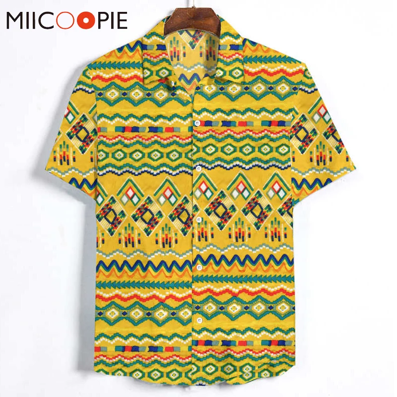

Men's Ethnic Style Casual Shirt Dress Summer Streetwear Surfing Short Sleeved Men Clothes Hawaiian Striped Male Printed Shirts