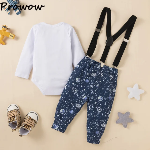 Prowow 0-18M My First Birthday Outfits For Boys Clothing Letter "One" Bodysuit+Suspender Overalls Half Birthday Baby Boy Clothes 3