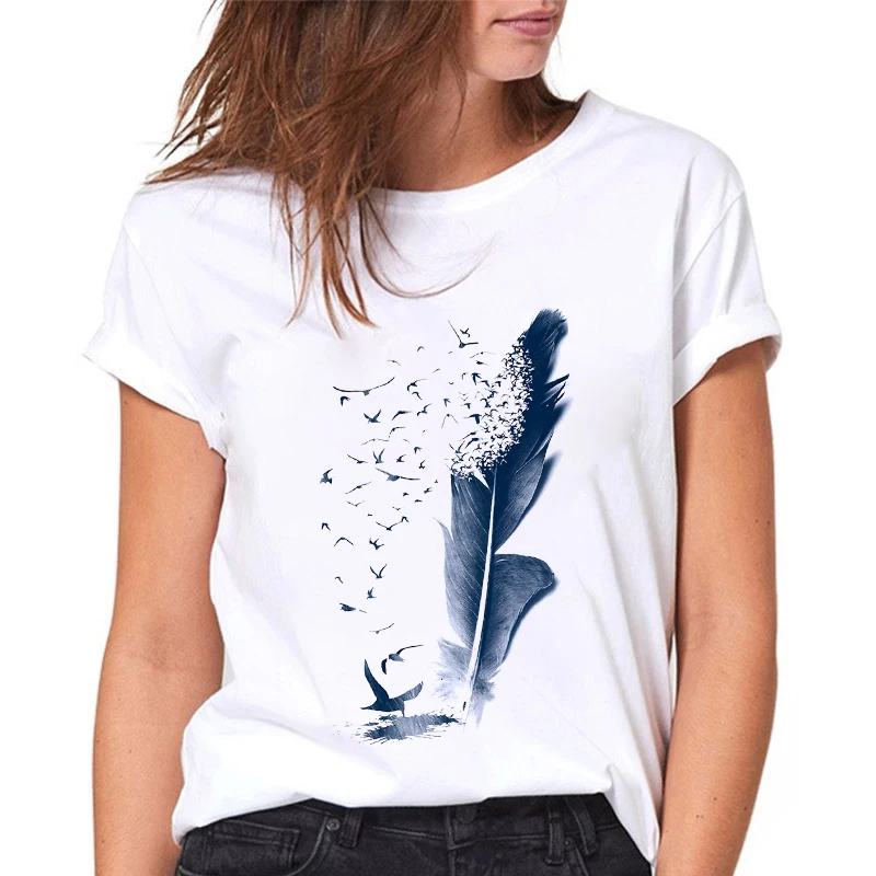 

Women Tshirts Casual feather Print female tee shirt Fashion Short Sleeves Cartoon Streetwear Kawaii O-Neck Ladies T-shirt Tops