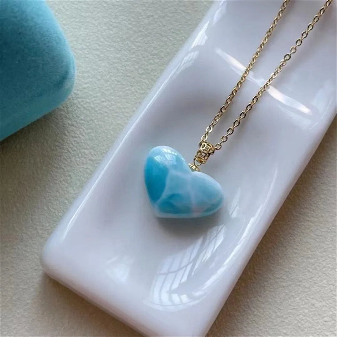 

Подвеска Larimar для женщин и мужчин, бусины из 18-каратного золота с натуральным синим кристаллом, 16 х11х7 мм, с водяным узором, каменные ювелирны...