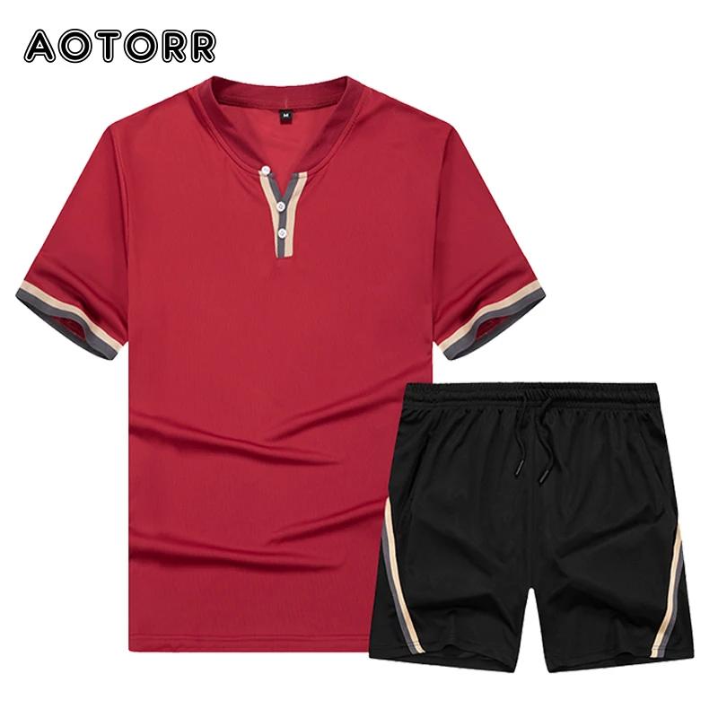 

2021 Men Casual Set Fashion 2 PCS Sweat Suit Striped Short Sleeve T-shirt Shorts Sets Male Sportswear Tracksuit Summer Sportsuit