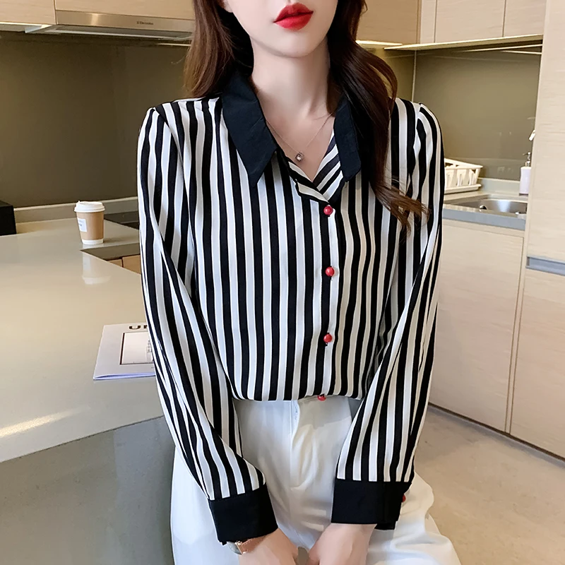 

Shirt Womens Tops Autumn 2021 New Office Lady Korea French Style Striped Long Sleeve Chiffon Straight Women Shirts