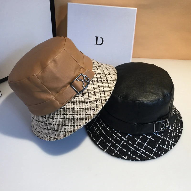 Top brand women luxury patchwork buckle basin caps Faux leather Bucket hat  KDOU024