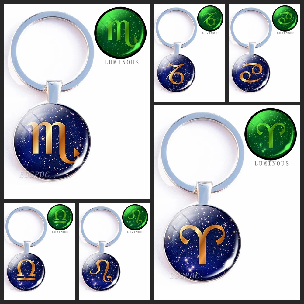 

Double Sises 12 Zodiac Sign Keychain 12 Constellation Statement Luminous Keychains Keyrings Female Bag Chain Men Car Key Chain
