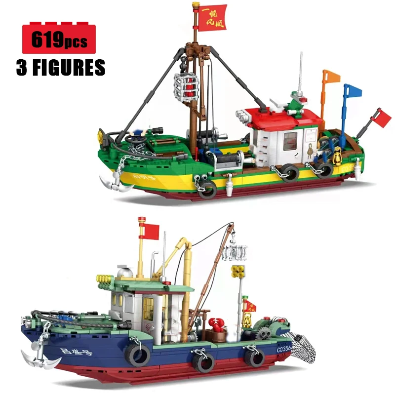 

City Fishing Boat Constructor Building Blocks Model Assembling MOC Pirate Ship Technical Bricks Toys for Children Birthday Gift