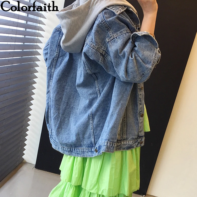 Colorfaith Новинка осенне-зимняя женская джинсовая куртка, верхняя одежда с капюшоном, модные женские джинсы в Корейском стиле JK8303