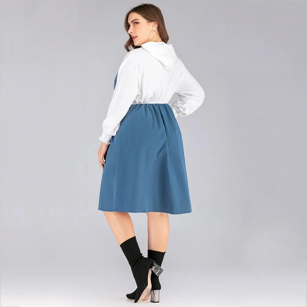 

5XL Spring Large size Women Dress Elastic Waist Casual Loose Hooded Buttons Dress Autumn Long Sleeve Female Plus size 4XL Dress