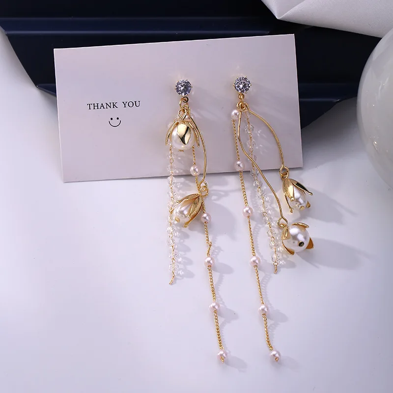 

2020 Fashion Long Tassel Simulated Pearl Flower Drop Earrings Crystal Beaded Dangle Earrings for Women Wedding Brides Jewelry