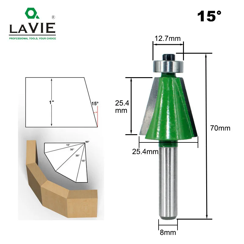 

LAVIE 1pc 8mm Shank Chamfer Router Bit 15 Degree Bevel Edging Milling Cutter for Wood Woodorking Machine Tools MC02110-15