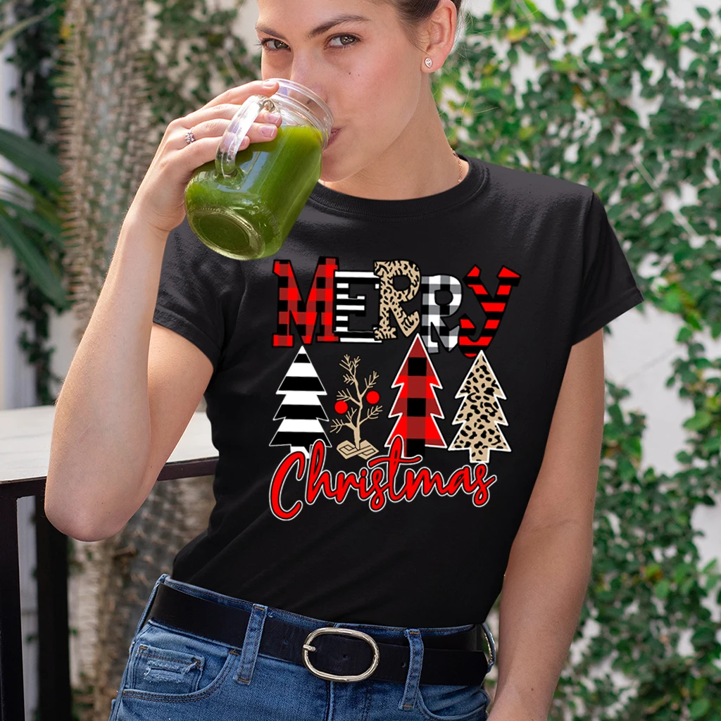 

Women Shirts for Women Casual Aesthetic Clothes Crew Neck Ladies Top Female Merry Christmas Colorful Trees Printed T-shirts