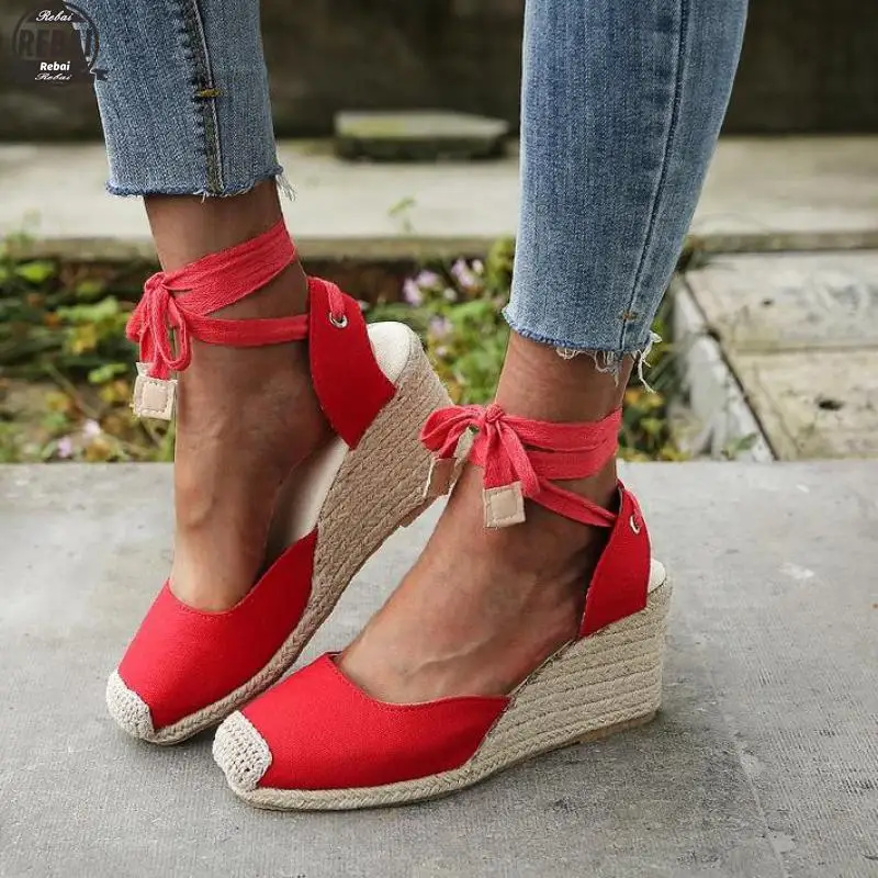 

Women's Wedges Espadrilles Sandals Summer 2021 Ankle Cross Strap Gladiator Sandals Woman Casual Hemp Canvas Pumps Shoes 43
